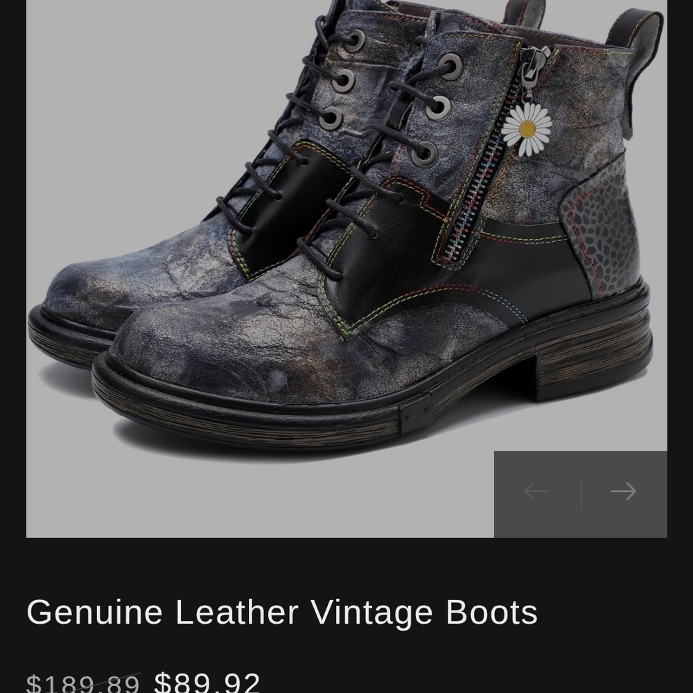 Genuine Leather Vintage Ankle Boots - Black